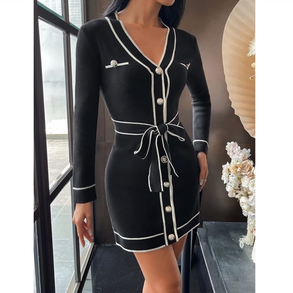 Black Knit Belted Dress Long Sleeve, Button Through Contrast White Piping Trim - Picture 4 of 11